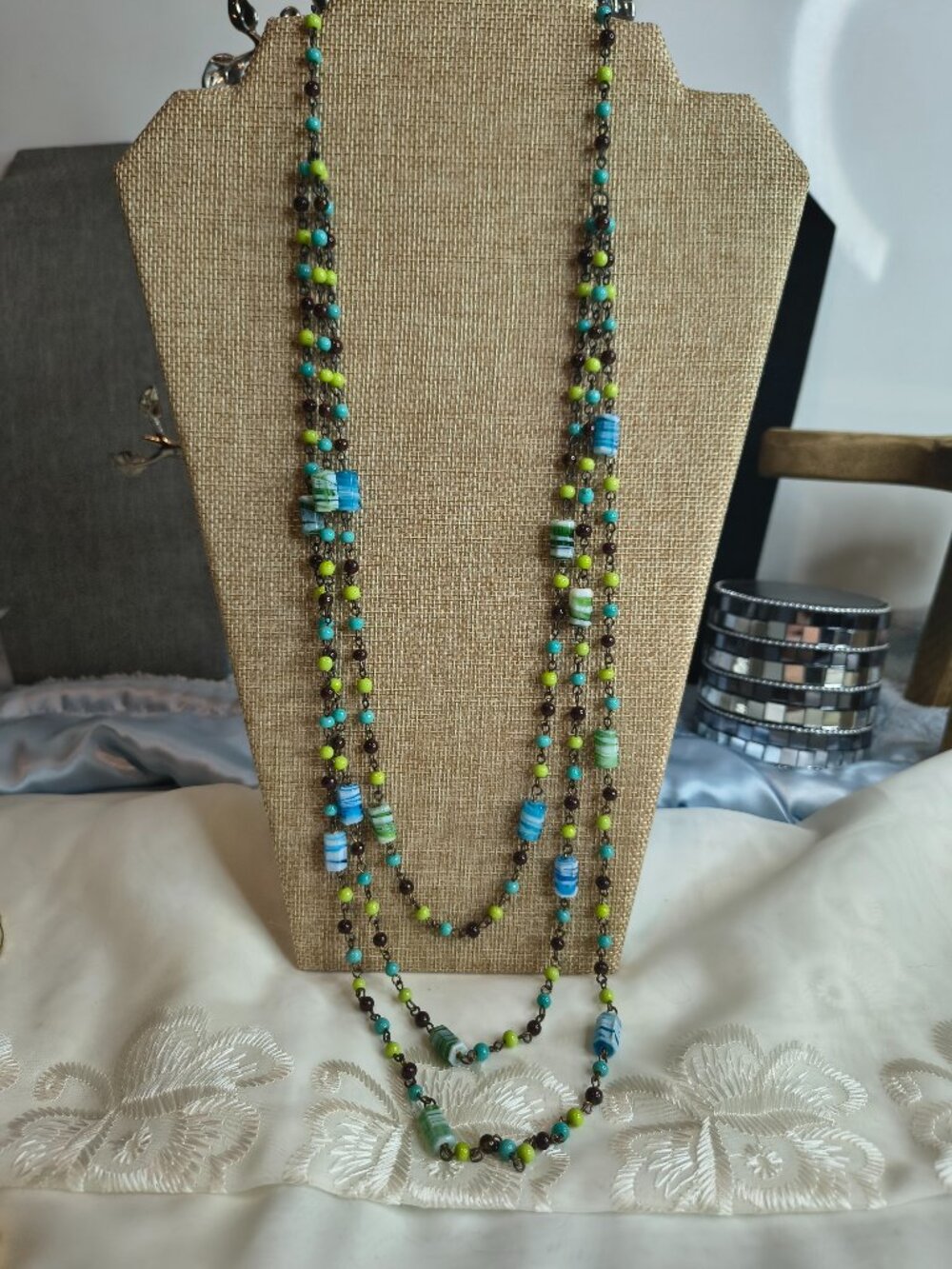 Bronze Tone Art Glass 3 Stranded Necklace